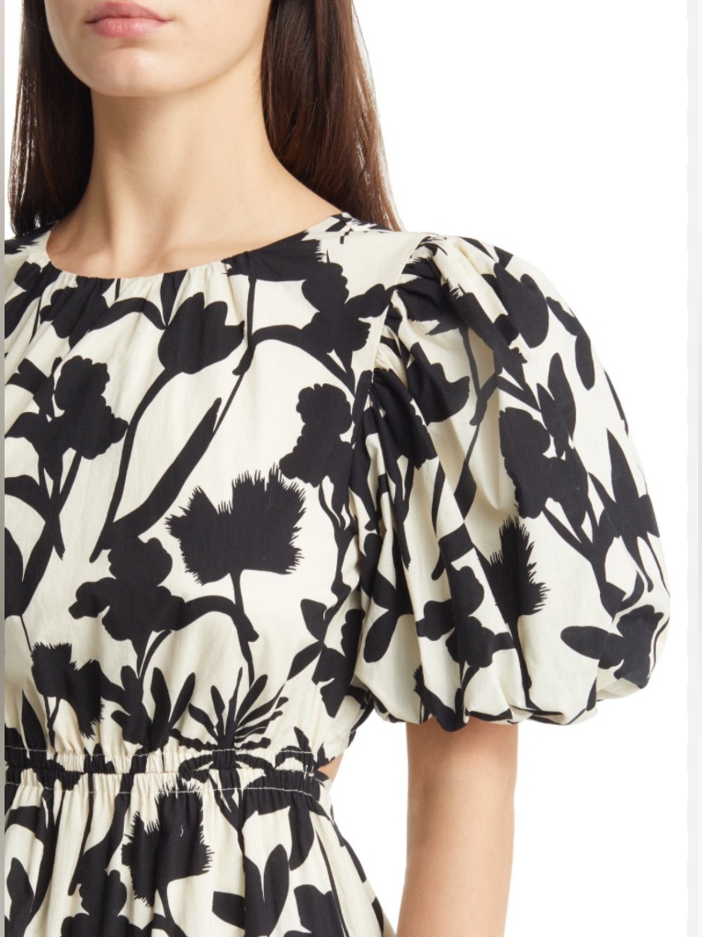Moon River Black & Cream Floral Puff Sleeve cropped top with tie sides. M NWT